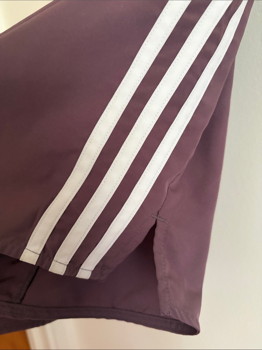 adidas Women's Athletic Shorts in Burgundy with White Stripes - Picture 3 of 5